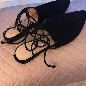 Black Suede “BASEMENT WOMAN” Ankle Tie Slides.